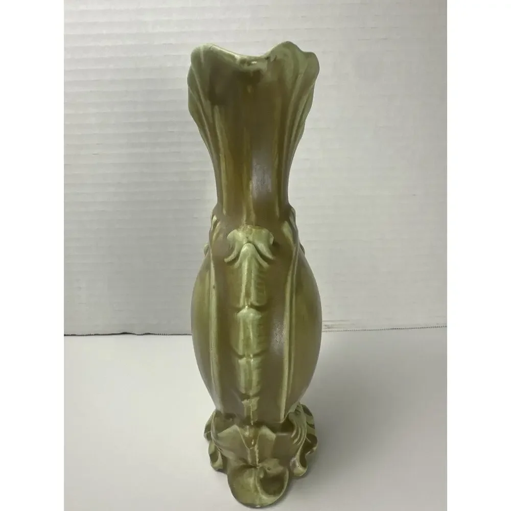 Vintage Green Matte Ceramic Art Deco Pitcher Vase – Ornate Leaf Handle – 8” Tall